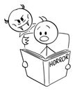 Vector Cartoon of Frightened Man Reading Scary Horror Book and Vampire is Looking Over His Shoulder