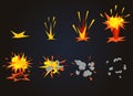 Vector cartoon front boom explosion effect with smoke. Flash explode animation for game. Royalty Free Stock Photo