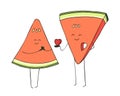 Vector cartoon fruit heroes isolated on white background. Colorful hand drawn illustration. Watermelon couple in love Royalty Free Stock Photo