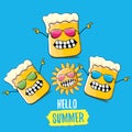 Vector cartoon funky beer glass character and summer sun isolated on blue background. Hello summer text and funky beer