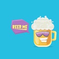 Vector cartoon funky beer glass character with sunglasses isolated on blue background. Vector funny beer label or poster