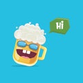 Vector cartoon funky beer glass character with sunglasses isolated on blue background. Vector funny beer label or poster