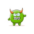 Vector cartoon funky green monster with horn isolated on white background. Smiling silly green monster print sticker