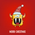 Vector cartoon funky orange monster with Santa Claus red hat isolated on red background. Funny and cute Childrens Merry