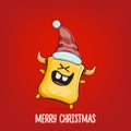 Vector cartoon funky orange monster with Santa Claus red hat isolated on red background. Funny and cute Childrens Merry