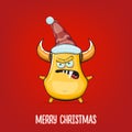 Vector cartoon funky orange monster with Santa Claus red hat isolated on red background. Funny and cute Childrens Merry