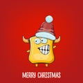 Vector cartoon funky orange monster with Santa Claus red hat isolated on red background. Funny and cute Childrens Merry