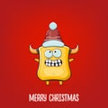 Vector cartoon funky orange monster with Santa Claus red hat isolated on red background. Funny and cute Childrens Merry