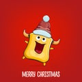 Vector cartoon funky orange monster with Santa Claus red hat isolated on red background. Funny and cute Childrens Merry