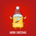 Vector cartoon funky orange monster with Santa Claus red hat isolated on red background. Funny and cute Childrens Merry