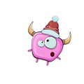 Vector cartoon funky pink monster with Santa Claus red hat isolated on white background. Funny and cute Childrens Merry