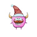 Vector cartoon funky pink monster with Santa Claus red hat isolated on white background. Funny and cute Childrens Merry