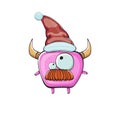 Vector cartoon funky pink monster with Santa Claus red hat isolated on white background. Funny and cute Childrens Merry