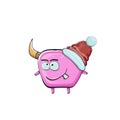 Vector cartoon funky pink monster with Santa Claus red hat isolated on white background. Funny and cute Childrens Merry