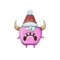 Vector cartoon funky pink monster with Santa Claus red hat isolated on white background. Funny and cute Childrens Merry