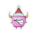 Vector cartoon funky pink monster with Santa Claus red hat isolated on white background. Funny and cute Childrens Merry