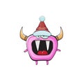 Vector cartoon funky pink monster with Santa Claus red hat isolated on white background. Funny and cute Childrens Merry