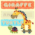 Vector cartoon of funny giraffe with turtle