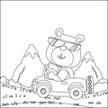 Vector cartoon of funny bear driving car in the junggle. Cartoon isolated vector illustration, Creative vector Childish design for