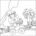 Vector cartoon of funny bear driving car in the junggle.