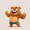 Vector cartoon funny brown bear character with strong muscles showing biceps.