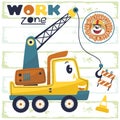 Cartoon of funny crane truck with smiling bear