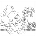 Vector cartoon of funny elephant driving car in the junggle. Cartoon isolated vector illustration, Creative vector Childish design