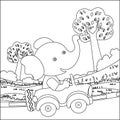 Vector cartoon of funny elephant driving car in the junggle.