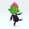 Vector cartoon funny green zombie with big head business suit isolated on a light gray background. Halloween vector illustration