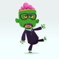 Vector cartoon funny green zombie with big head business suit isolated on a light gray background. Halloween vector illustration