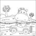 Vector cartoon of funny hippo driving car in the junggle. Cartoon isolated vector illustration, Creative vector Childish design