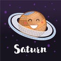 Vector cartoon funny illustration of planet Saturn with smiling face style on space dark star sky background. Royalty Free Stock Photo