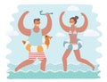 Vector cartoon funny illustration of man and woman running together in the in the water.