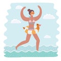 Vector cartoon funny illustration of woman in swimsuit running going to swim. Royalty Free Stock Photo