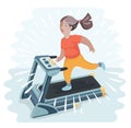 Vector cartoon funny illustratuion of plump young woman running on treadmill