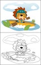 Vector cartoon of funny lion with frog on canoe in river, coloring book or page