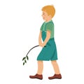 Vector cartoon funny little boy isolated on white background. Boy walks and holding a twig, plant in his hands Royalty Free Stock Photo