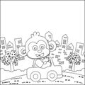 Vector cartoon of funny monkey driving car in the junggle. Cartoon isolated vector illustration, Creative vector Childish design
