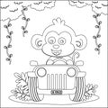Vector cartoon of funny monkey driving car in the road.