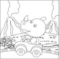 Vector cartoon of funny rhino driving car in the junggle. Cartoon isolated vector illustration, Creative vector Childish design