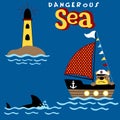 Sea theme cartoon, lighthouse, sailboat with funny sailor, shark