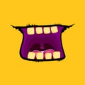 Vector cartoon funny zombie monster open mouth with rotten teeth isolated on orange background. Vector Halloween