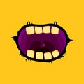 Vector cartoon funny zombie monster open mouth with rotten teeth isolated on orange background. Vector Halloween