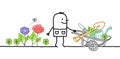 Cartoon Gardener with Wheelbarrow, Flowers and Tools