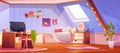 Vector cartoon girl bedroom interior on attic