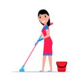 Vector cartoon girl mop and bucket washes floors Royalty Free Stock Photo