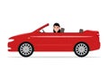 Vector cartoon girl riding in a red car cabriolet Royalty Free Stock Photo