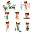 Vector cartoon girl daily routine activity set Royalty Free Stock Photo