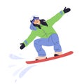 Vector cartoon girl snowboarder jumping. Young woman on snowboard Extreme winter sport. Flat vector illustration in Royalty Free Stock Photo