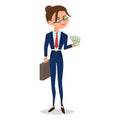 Vector cartoon girl in a suit holds cash and case Royalty Free Stock Photo